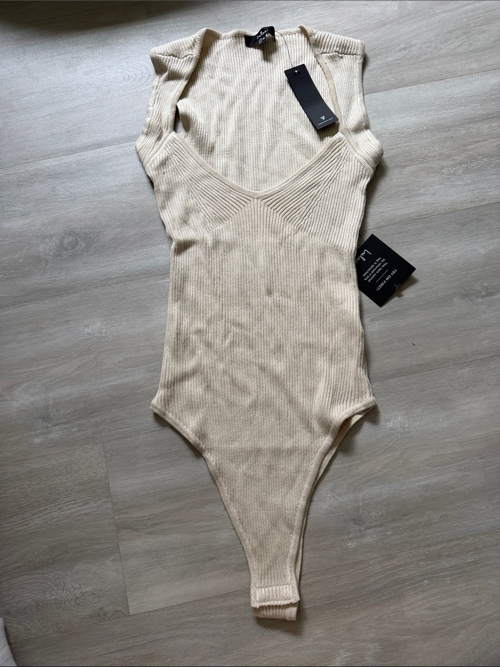 Lulu's Cream Ribbed V-Neck Sleeveless Bodysuit